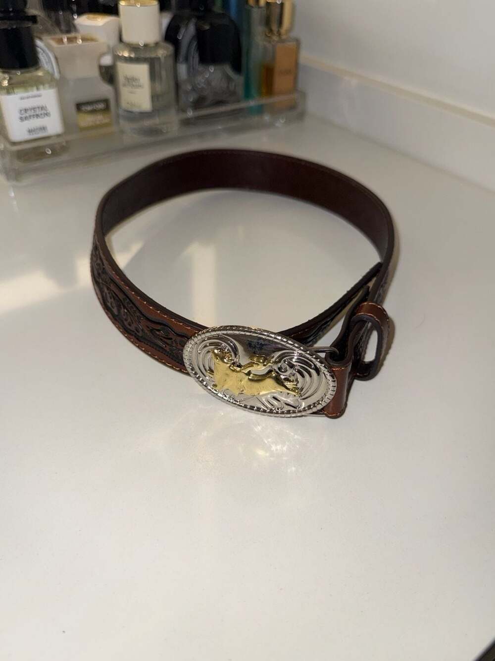 Nocona Brown Tooled Western Belt with Bull Rider Buckle Size 22